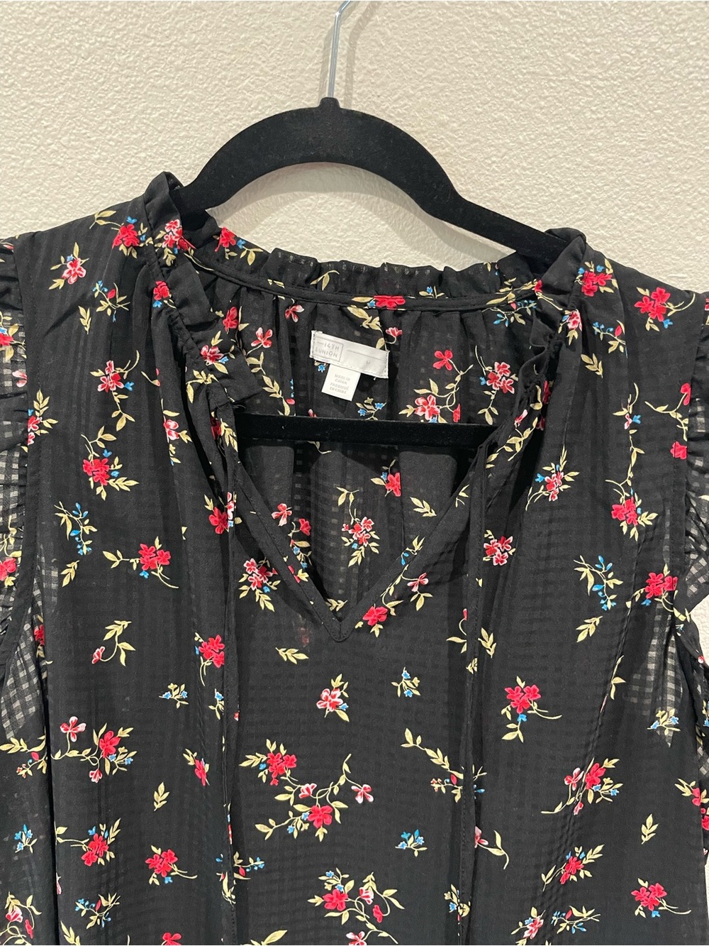 J. Crew Black Floral Ruffle-Sleeve Blouse